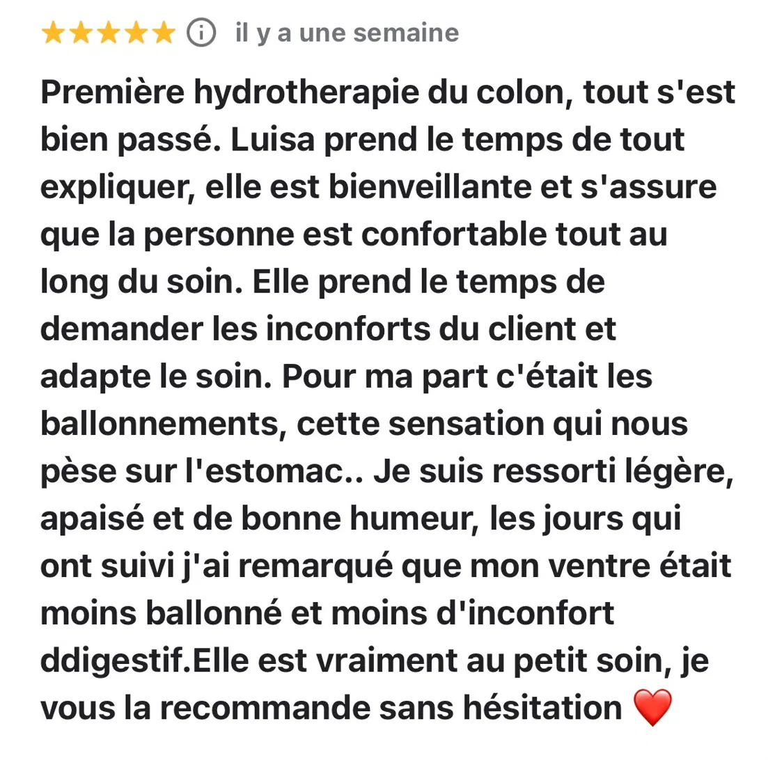 Avis Google 5 étoiles : première hydrothérapie du côlon, ventre moins ballonné